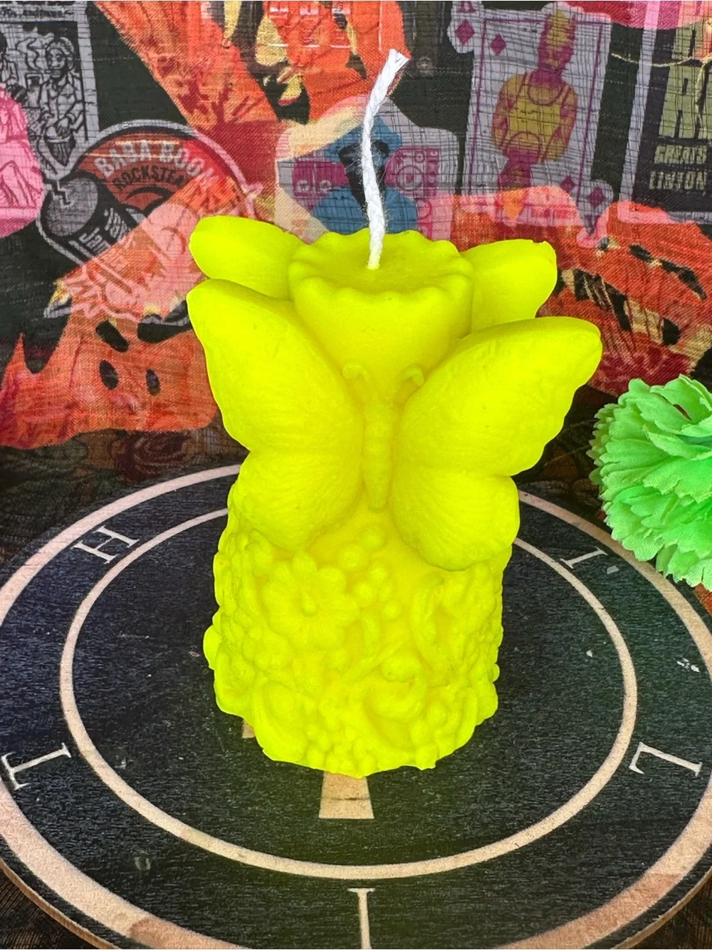Handmade Neon Yellow Butterfly Candle – Floral Garden Pillar